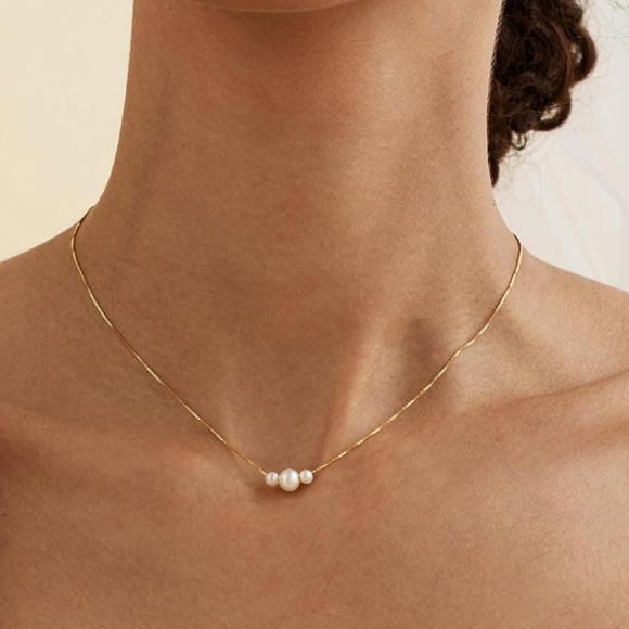 Women 14K Gold Plated Chunky Half Pearl Half Chain Toggle Necklace Minimalist - Picture 4 of 9